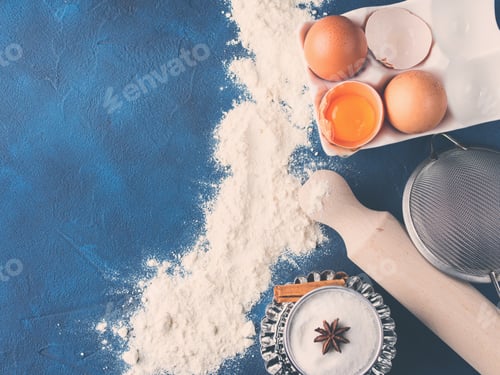 Preview: Baking tools rolling pin whisk and ingredients flour egg