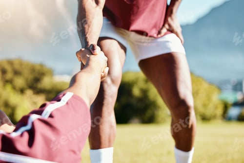 Preview: Team, helping hand or rugby men in training, exercise or workout in a practice match on sports fiel