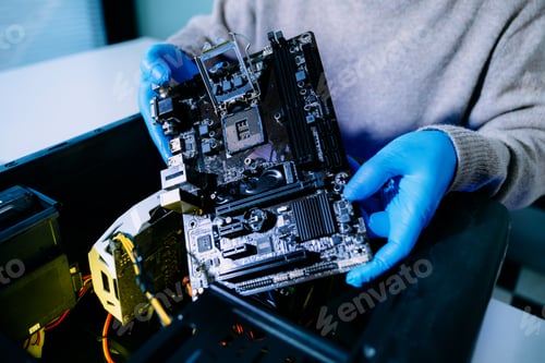 Preview: Closeup of technician with gloves holding motherboard above open PC case, symbolizing