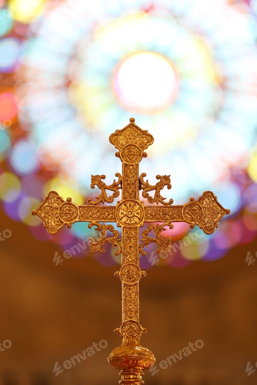 Preview: The cross standing on christian church and flare background.