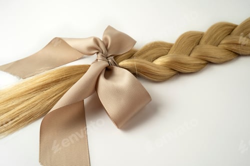 Preview: A blonde hair tress with a beige bow lying on a white background