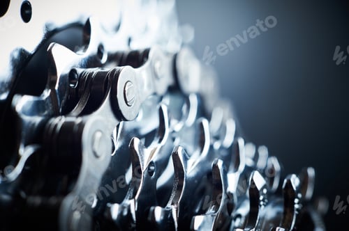 Preview: New rear mountain bike cassette with chain on the black background close up