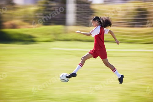 Preview: Football, soccer and running girl with a ball doing a sport exercise, workout and training. Moving