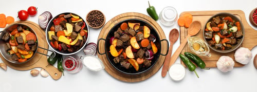Preview: Concept of tasty food with beef with vegetables, top view
