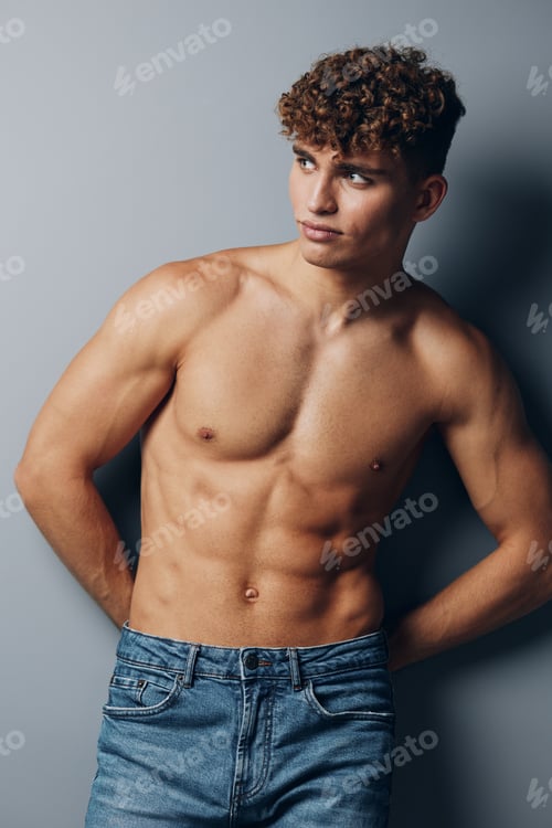 Preview: man bodybuilder curly smile handsome lifestyle sport abs adult naked