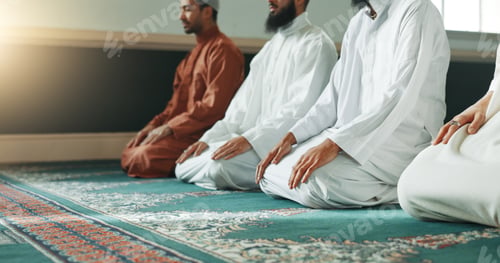 Preview: Muslim, praying and men in a Mosque for spiritual religion together as a group to worship Allah in