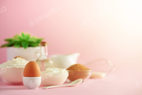 Preview: Time to bake. Baking ingredients - butter, sugar, flour, eggs, oil, spoon, brush, whisk, milk over