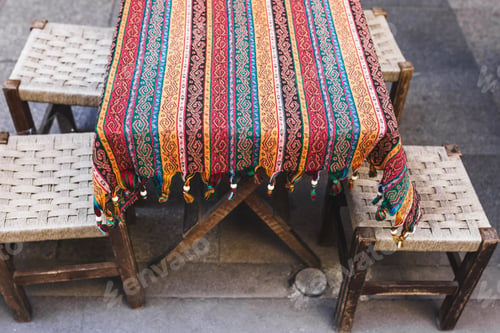 Preview: Traditional oriental decoration cafe, colorful blanket with fringe and ornament, cozy small chairs