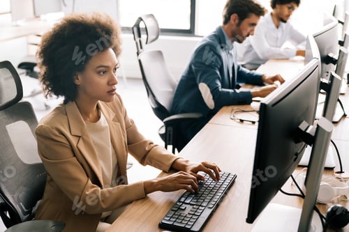 Preview: Successful happy woman working at office. Technology, computer, startup, business concept