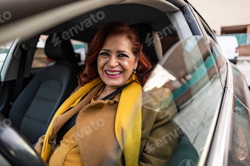 Preview: Happy owner. Pretty mature woman sitting relaxed in her newly bought car looking at th
