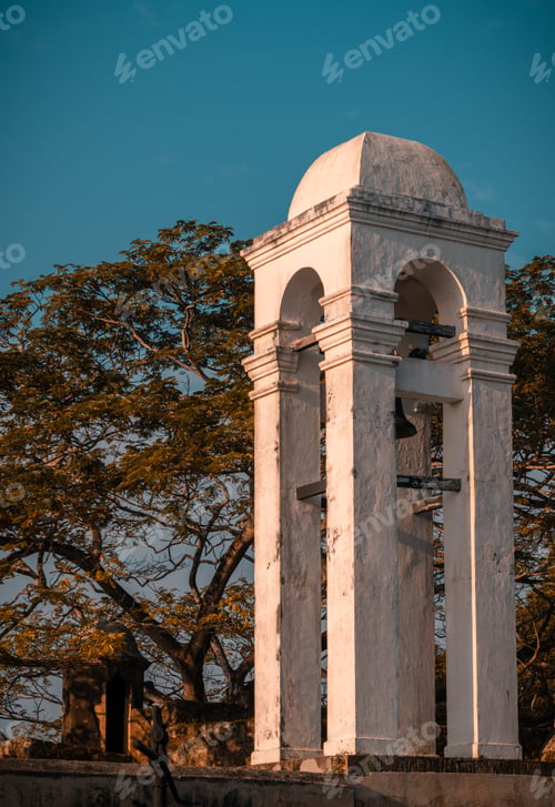 Preview: Tall white Bell tower at the maritime museum in Galle fort photograph