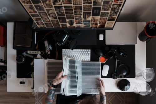 Preview: Film Photographer at Desk Reviewing Negatives