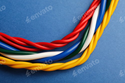 Preview: Many electrical cables on blue background, closeup