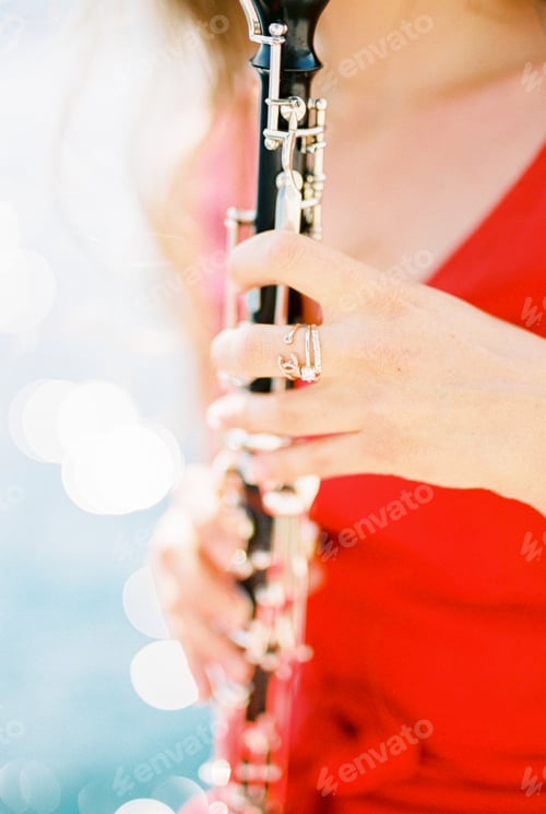 Preview: Girl musician plays the clarinet. Cropped. Faceless