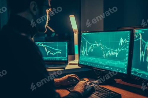 Preview: After-Hours Work Male Trader Analyzing Charts on PC Screen