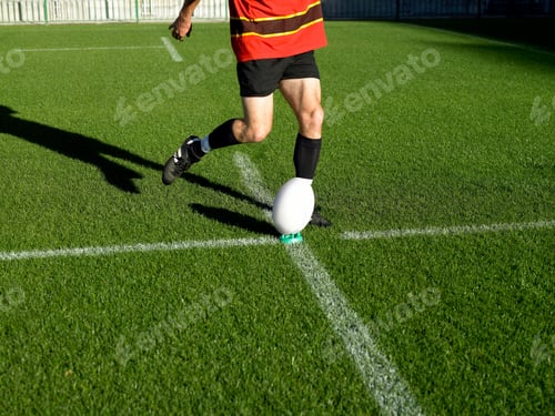 Preview: cropped shot of male rugby player kicking ball