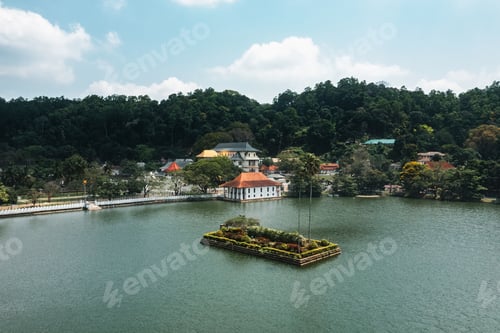 Preview: Aerial drone view of Kandy lake and famous city landmark Sri Dalada Maligawa Temple in Sri Lanka.