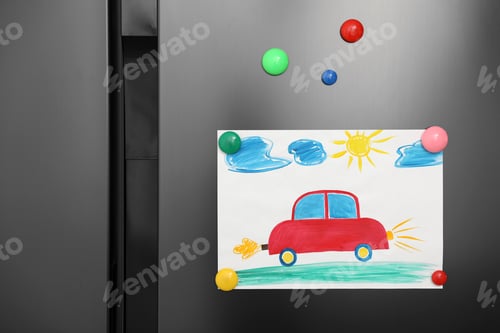 Preview: Modern refrigerator with child's drawing and magnets