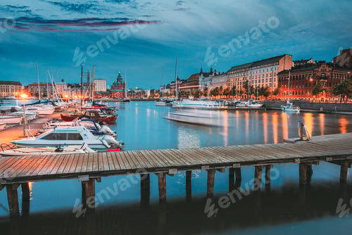 Preview: Embankment At Summer Evening In Helsinki, Finland. Town Quay, Famous Place HELSINKI, FINLAND