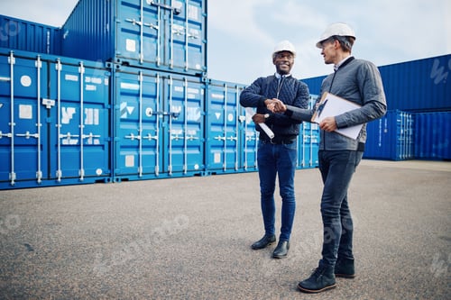 Preview: Smiling engineers shaking hands together in a shipping yard