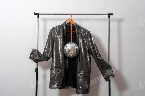 Preview: Shiny jacket hangs on hanger against white wall with disco ball. Rental clothing concept.