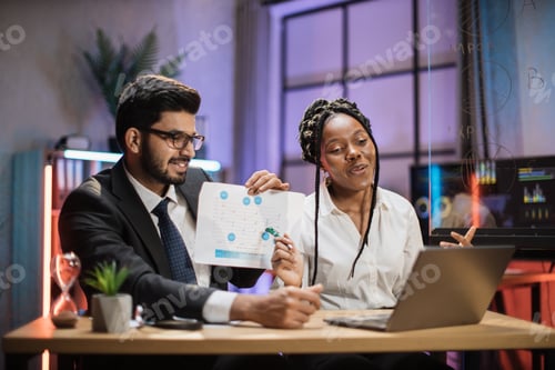 Preview: Two multiracial brokers, handsome arab bearded office manager and african businesswoman