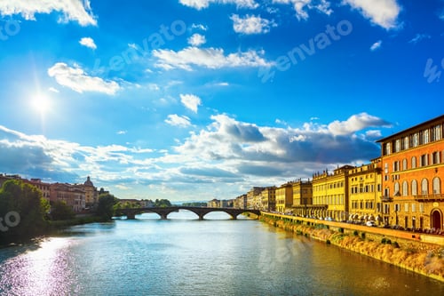 Preview: Santa Trinita Bridge on Arno river, sunset landscape. Florence, Italy