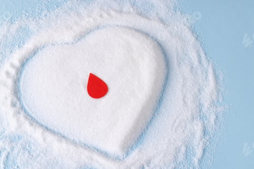 Preview: Blood drop over sugar in heart shape on blue background