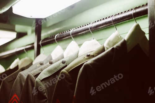 Preview: Military Uniforms Hanging on a Rack in Storage