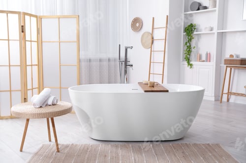 Preview: Beautiful bathroom with big ceramic bathtub. Interior design