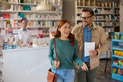 Preview: Happy couple buying a medicine in drugstore.
