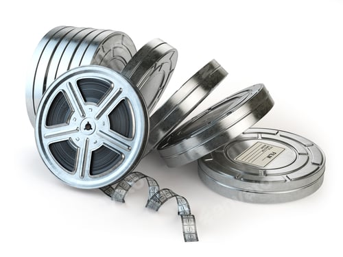 Preview: Film reel and boxes. Video, movie, cinema vintage concept.