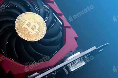 Preview: cryptocurrency mining concept with golden bitcoin