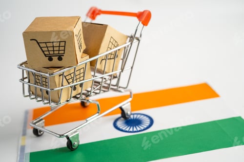 Preview: Box with shopping cart logo and India flag, Import Export Shopping online or eCommerce finance
