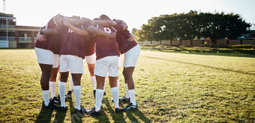 Preview: Men, huddle and team on grass field for sports motivation, coordination or collaboration in the out