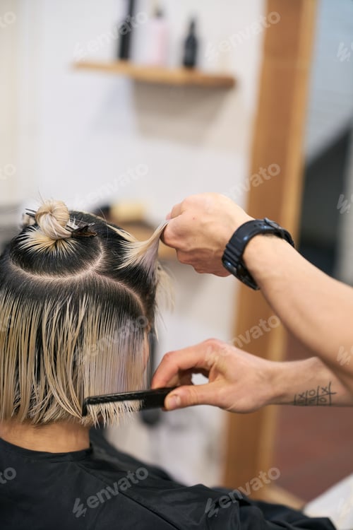 Preview: Hairdresser combing wet hair of young woman in salon