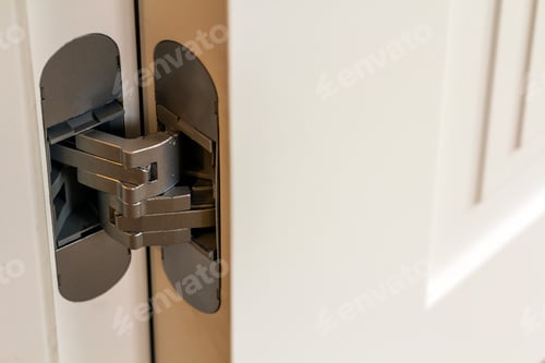 Preview: New modern metal door hinges on white wooden doors