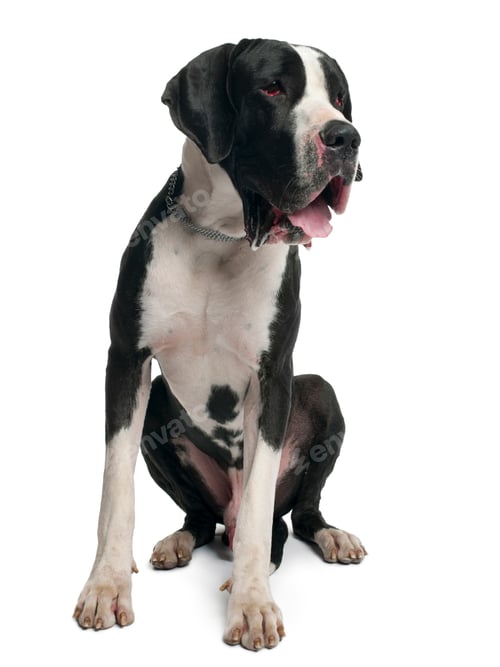 Preview: Great Dane, 15 months old, sitting in front of white background