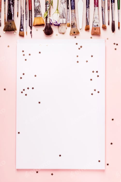 Preview: Drawing album frame, row brush and golden stars on pink background