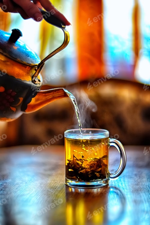 Preview: Tea is poured from a teapot into a glass mug. Steam