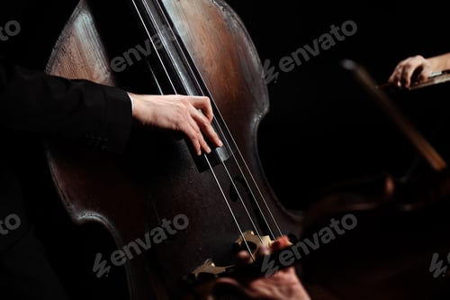 Preview: cropped view of professional musicians playing on violin and contrabass on dark stage