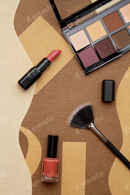 Preview: Lipstick, eyeshadows, makeup brush and falce lashes. Make up artist, beauty salon, beauty blog