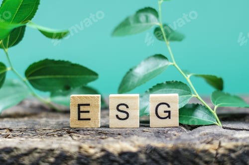 Preview: ESG abbreviation on wooden cubes with green leaves. Environmental Social Governance.