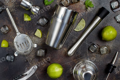 Preview: Ingredients and barmen tools for Mojito cocktail