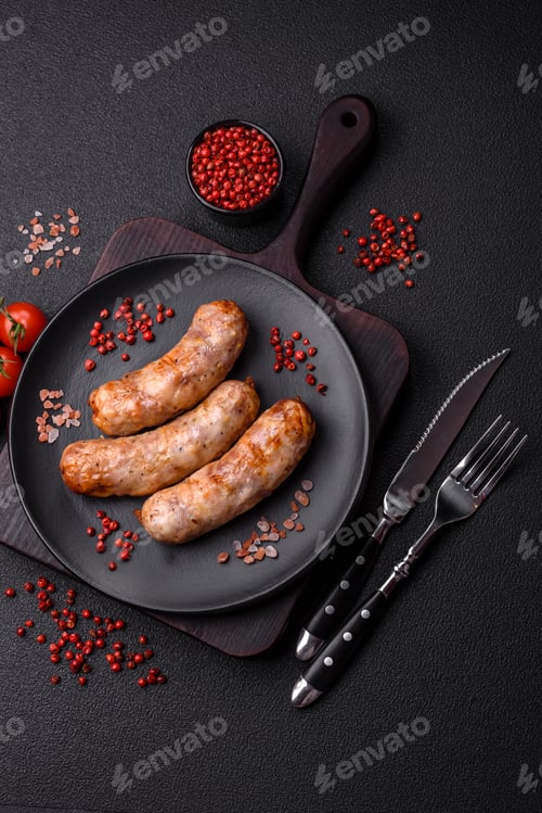 Preview: Grilled sausages with spices and herbs. With copy space