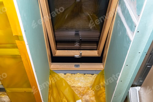 Preview: Roof window covered with blue plaster, visible vapor-permeable foil.