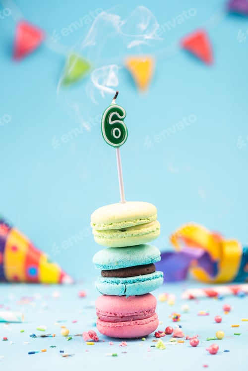 Preview: Sixth 6th Birthday Card with Candle Blown Out in Colorful Macaro