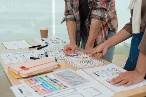 Preview: Close up ux developer and ui designer brainstorming interface wireframe design.Creative digital