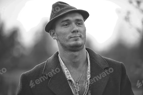 Preview: Vintage Man Young Village Black And White, Eastern Europe Style, Retro Coat And Boots