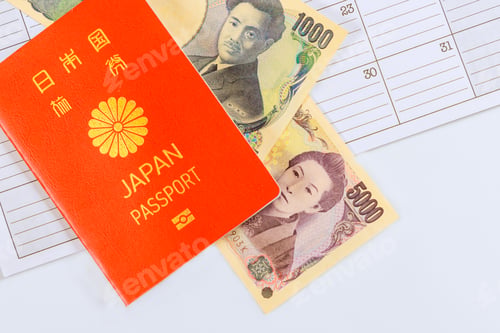 Preview: Japanese passport for traveling with Japanese currency money yen a banknote